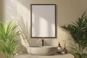 An elegant bathroom setup featuring soap dispensers, towels, plants, a black-framed mirror, pendant lights, and beige walls. Showcase your products in a stylish setting.