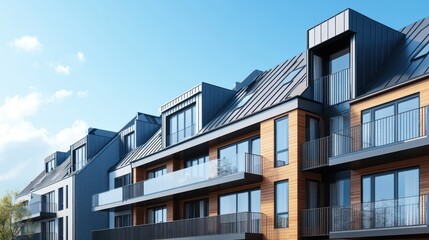 Obraz premium Modern residential building featuring sleek architecture and wooden accents under a clear blue sky.