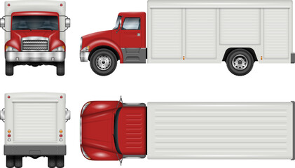 Beverage truck vector mockup on white for vehicle branding, corporate identity. View from side, front, back, top. All elements in the groups are in separate layers for easy editing and recolor.