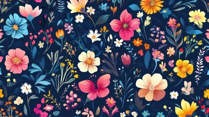 Vibrant floral pattern featuring a variety of colorful flowers and foliage on a deep blue background.