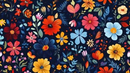 A vibrant floral pattern featuring a variety of colorful flowers on a dark background.