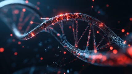 A stunning representation of a DNA double helix, illuminated by vibrant blue and red colors, showcasing intricate details and molecular structures.