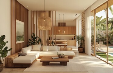 A minimalist interior design of a modern living room with a beige corner sofa against a wooden paneling wall. It was created using stock generative algorithms.