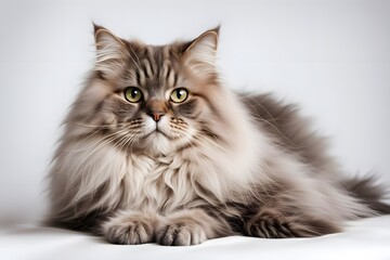A fluffy british longhair cat with a thick coat and bright eyes lounging on a white background, Ai Generated