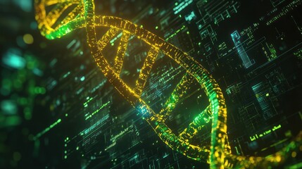 Obraz premium A vibrant digital representation of a DNA double helix, illuminated in green and gold, set against a high-tech background of circuits.