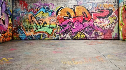 Obraz premium Vibrant street art fills an urban space, showcasing colorful graffiti on a textured brick wall.