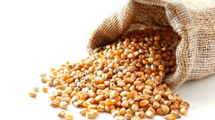 Corn kernels spilling out of a small burlap bag onto a white background