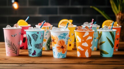 Assorted paper cups featuring summer-themed graphics, filled with cold drinks and ice cubes, arranged neatly on a wooden table for a chic takeaway display.