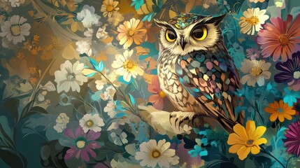 Fototapeta premium A colorful owl sits amidst a vibrant array of flowers, blending nature's beauty in an enchanting display of colors and textures.