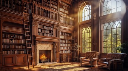 A grand classic library with tall wooden bookshelves lined with leather-bound volumes