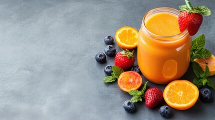 A refreshing smoothie in a jar surrounded by fresh fruits like strawberries, blueberries, and oranges on a stylish countertop.