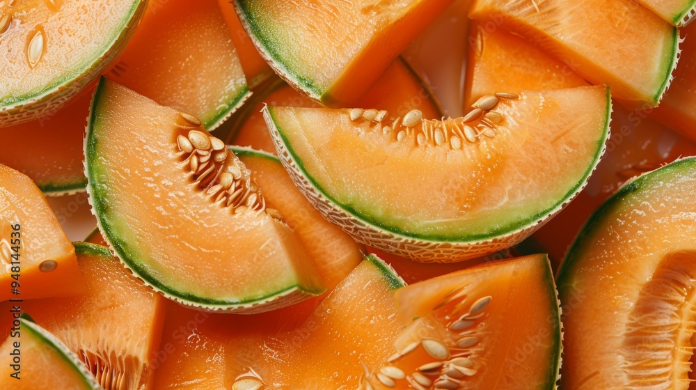 Poster detailed view of cantaloupe slices with visible seeds and texture, placed on a neutral background to