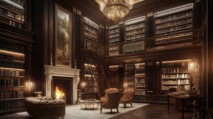 Fototapeta premium A grand classic library with tall wooden bookshelves lined with leather-bound volumes