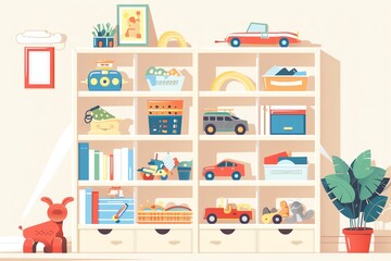 Home organization, storage solutions for toys, flat design illustration
