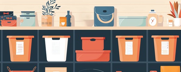 Home organization, labeled storage bins, flat design illustration