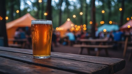 A glass of beer on an outdoor wooden table in the foreground, with background People in the garden are enjoying Oktoberfest beer 