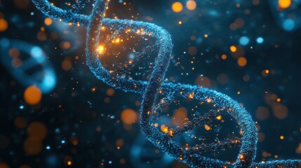 Close-up of a vibrant blue DNA double helix illuminated against a dark background, symbolizing the essence of life and genetic science.