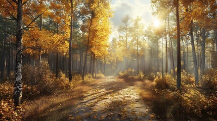 Fototapeta premium Panoramic sunny forest in autumn.