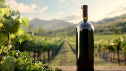 Fototapeta premium Organic Wine Bottle with Vineyard Background in 3D