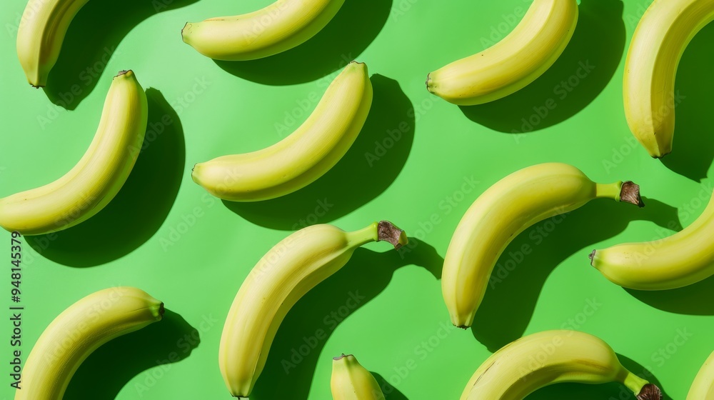 Poster fresh bananas arranged in a pattern on a vibrant green background
