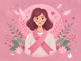Smiling woman holding awareness ribbon at pink background. Breast cancer concept. Flat illustration. Breast Cancer pink October ribbon awareness campaign month social media post design