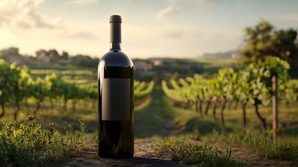 Organic Wine Bottle with Scenic Vineyard Backdrop in 3D