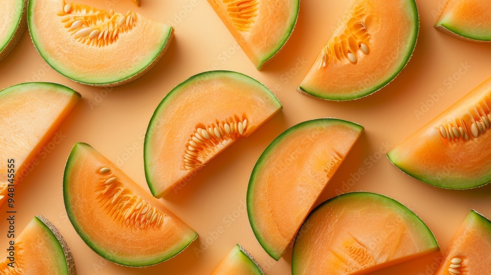 Poster fresh cantaloupe slices arranged in a neat pattern, showcasing their vibrant orange flesh and green 