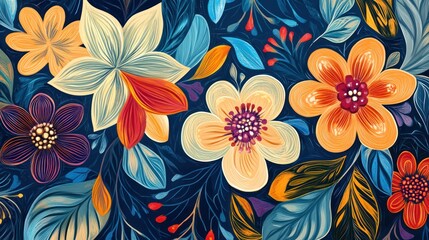Naklejka premium A vibrant and colorful floral pattern featuring various flowers and leaves against a deep blue background.
