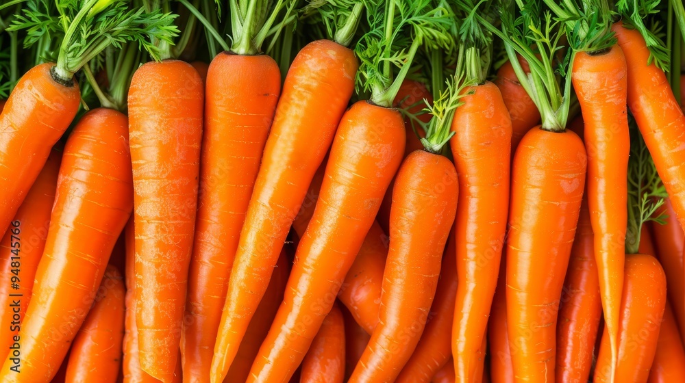 Wall mural Fresh carrots spread out evenly with bright lighting and copy space