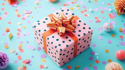 Fototapeta premium Colorful gift box with a polka dot pattern and a big bow, surrounded by confetti and party decorations, ready for celebration.