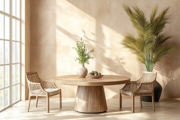 Interior design with minimalist chairs and table in beige