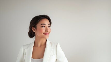 Profile of a young Asian woman with dark hair in a neat bun, wearing a white blazer. She is looking sideways with a slight smile, standing against a neutral background.