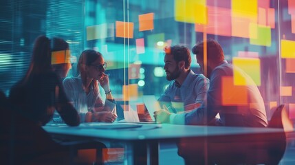 Business people meeting at office and use post it notes to share idea. brainstorming concept.