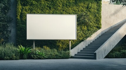 Empty billboard against a vibrant green landscape and adjacent to a stylish stairway, standing on speckled concrete, ready for customized advertising content.