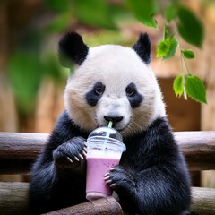 Naklejka premium Panda trinkt einen Brombeermilchshake