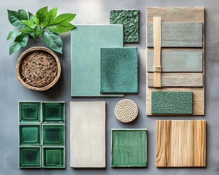 Dark mood board design in green and gray colors