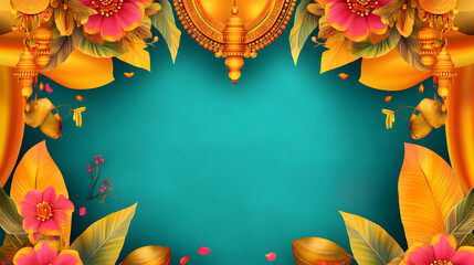 Traditional indian festive background with flowers, leaves and decorations. Kerala Onam festival. Pongal, Diwali, Ugadi, Gudi Padwa. Template for greeting card, banner, poster with copy space