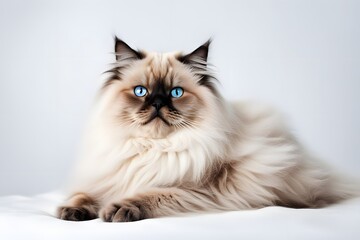 A fluffy himalayan cat with blue eyes and a luxurious coat lounging on a white background, AI generated