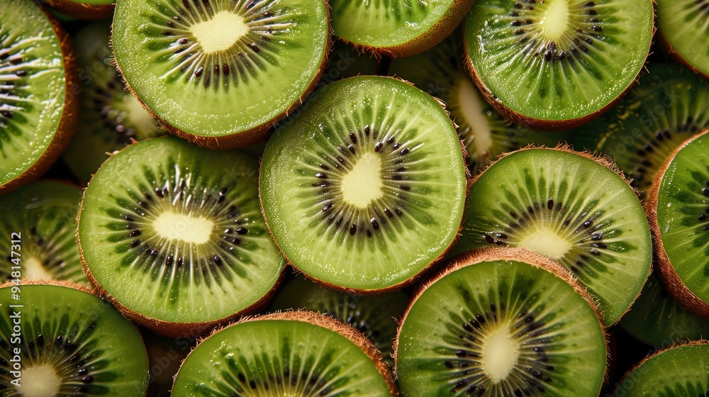 Poster fresh kiwi fruit halves arranged neatly with detailed texture visible