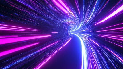 Abstract flight in retro neon hyper warp space in the tunnel 3d illustration.