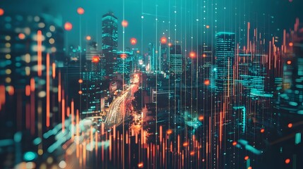 Abstract Digital Financial Charts and Graphs Overlaying Cityscape Symbolizing Market Trends and