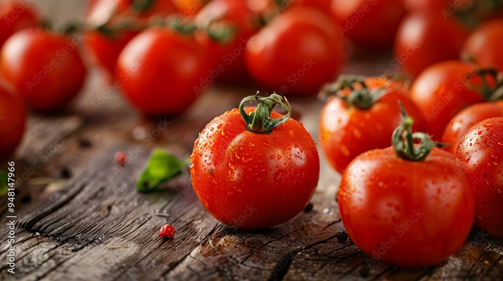 Poster fresh red tomatoes scattered on a rustic wooden surface, showcasing their vibrant color and natural 