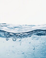 Light blue water surface with bubbles and ripples against a soft white background