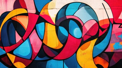 Fototapeta premium A vibrant abstract mural featuring intertwining shapes in bold colors of red, blue, yellow, and orange, showcasing modern urban art.