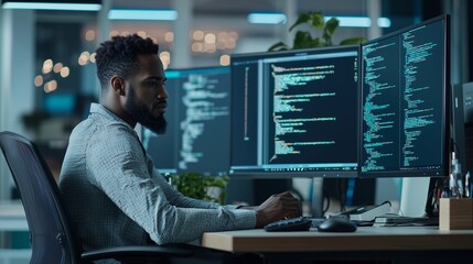 Young african male programmer writing program code sitting at the workplace with three monitors in the office. image focused on the screen.