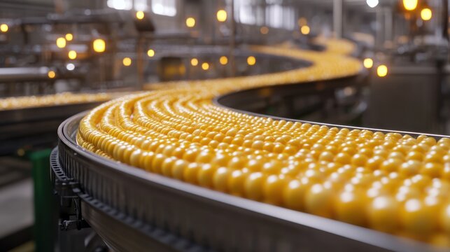 A close-up of a production line featuring bright yellow eggs moving along a conveyor belt in a factory setting.