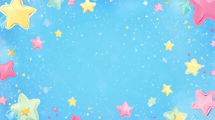 Colorful stars in pastel shades adorn a bright blue background, creating a whimsical and joyful atmosphere.