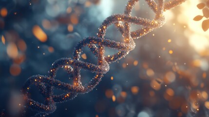 Close-up of a shimmering DNA strand illuminated by soft light, creating a magical atmosphere with vibrant colors and a dreamy background.