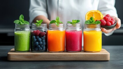 Freshly made colorful smoothies in jars, perfect for healthy living and vibrant recipes. A treat for your senses and wellness.