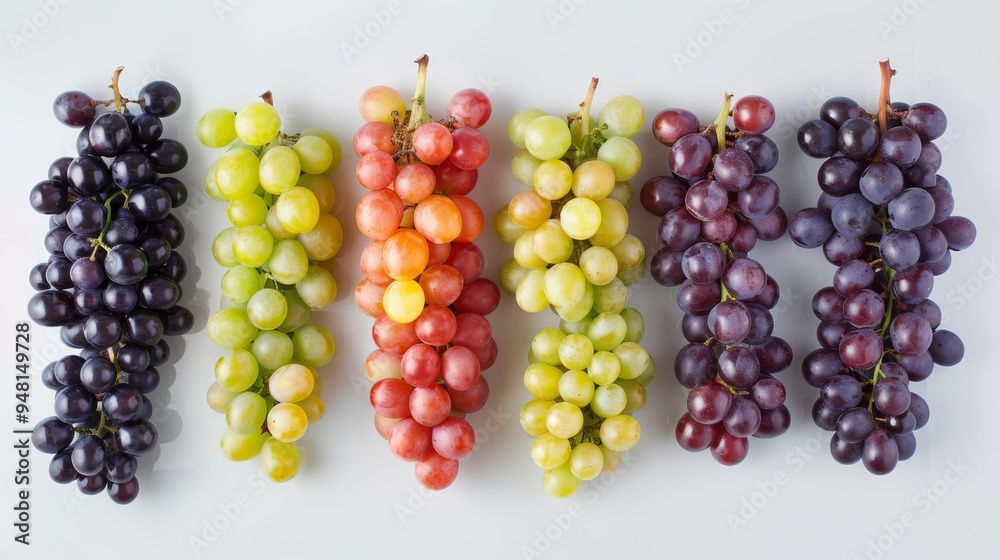 Poster Grapes of different varieties and colors spread out evenly on a flat surface